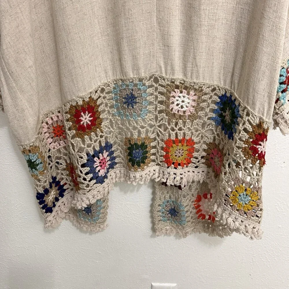 Umgee Crochet Patchwork Kimono Cardigan Oatmeal Open Front Granny core Size L - Picture 7 of 11
